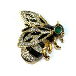 Kenneth J Lane Bee Black Enamel Crystal Cabochon Green Glass Eye Brooch